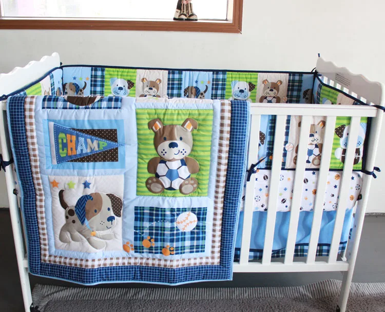 Lovely Dog And Bear Baby Bedding Set Quilt Per Bed Skirt Lovely Dog And Bear Baby Bedding Set Quilt Per Bed Skirt Ed Crib 100 Cotton Blue 7 Pieces Embroidery In Sets From Mother