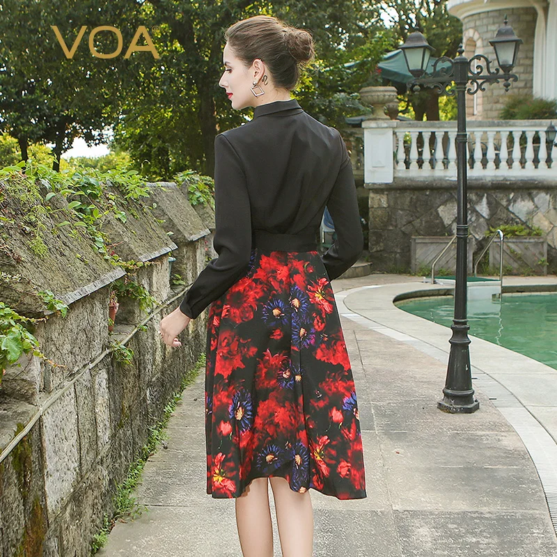 VOA тяжелый Шелковый принт женское винтажное платье-миди элегантный в китайском стиле с длинным рукавом сексуальное тонкое офисное женское платье А-силуэта Весна A3813