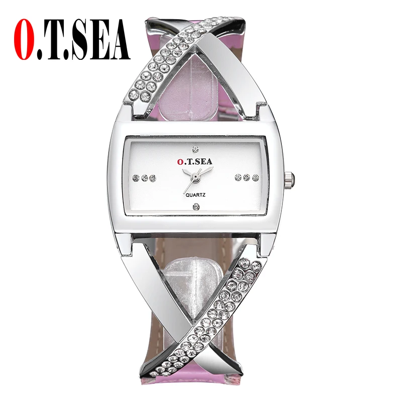 

2017 New Luxury O.T.SEA Brand Rhinestone Leather Watch Women Ladies Casual Crystal Dress Quartz Wristwatch OTS862