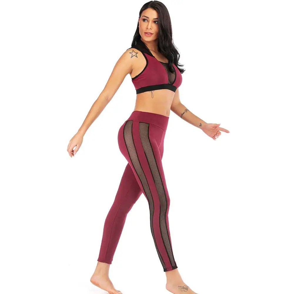 

2019 Hollow-Out Mesh Pacthwork Seamless Yoga Set High Waist Fitness Clothing Sport Suit Outdoor Running Sets Gym Sportwear