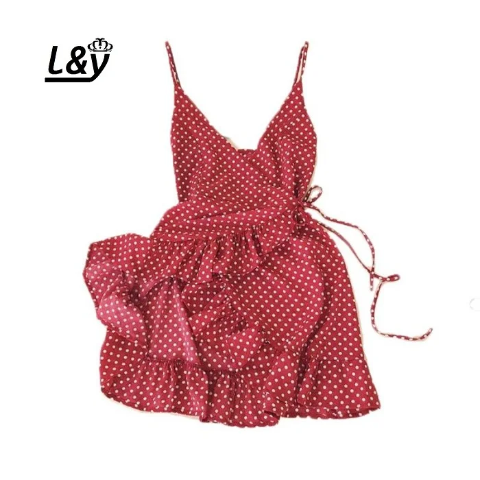 

L&Y Camis Dress Women Sexy White Wrap Bodycon Rustic Casual Summer Style Boho Resort High Waist Red Polka Dots Dresses