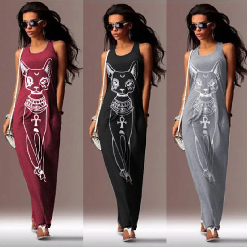

2019 Women Summer Long Maxi Dress Casual Cat Print Boho Beach Dress Sexy Evening Party Bodycon Dress Vestidos Largos Mujer