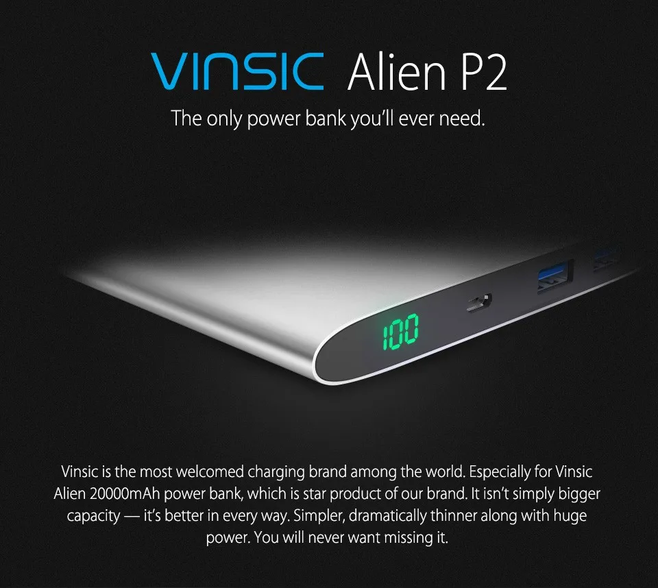 Vinsic Alien P2 20000 мАч Внешний аккумулятор а двойной USB светодиодный внешний аккумулятор зарядное устройство для iPhone samsung Xiaomi Macbook планшетов