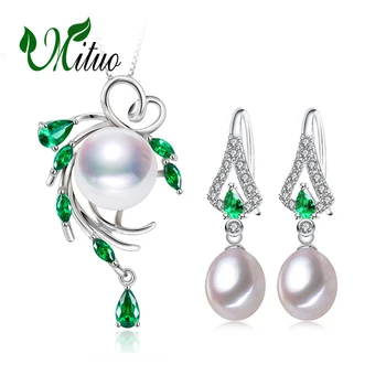 

MITUO Pearl Jewelry sets 925 Sterling Silver stud earrings,ruby Pearl leaf necklace for women love Cloisonne earrings ring
