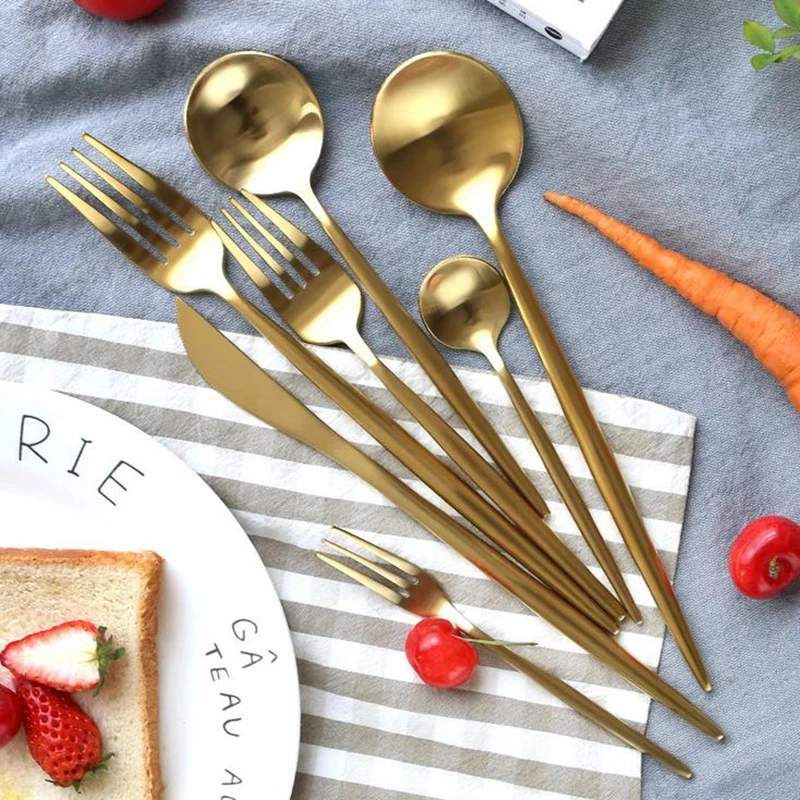 

7Pcs Matte Gold Cutlery Gold Tableware Set 18/10 Stainless Steel Dinnerware Fork Knife Set Silverware Set Drop Shipping