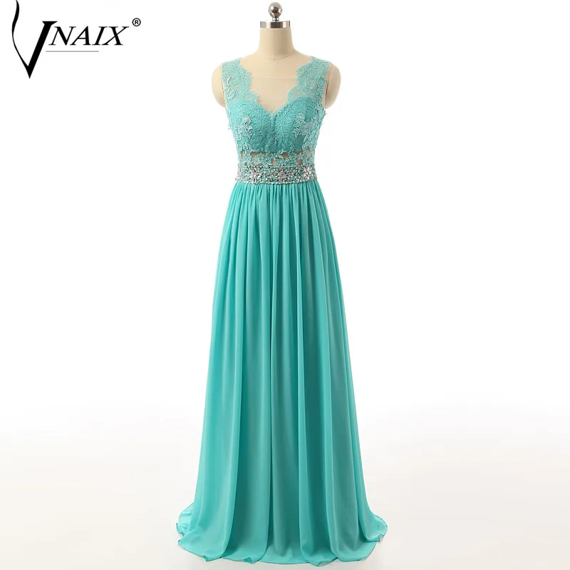 Vnaix E1092 Evening Dresses Illusion V Neck with Applqiues and Beading