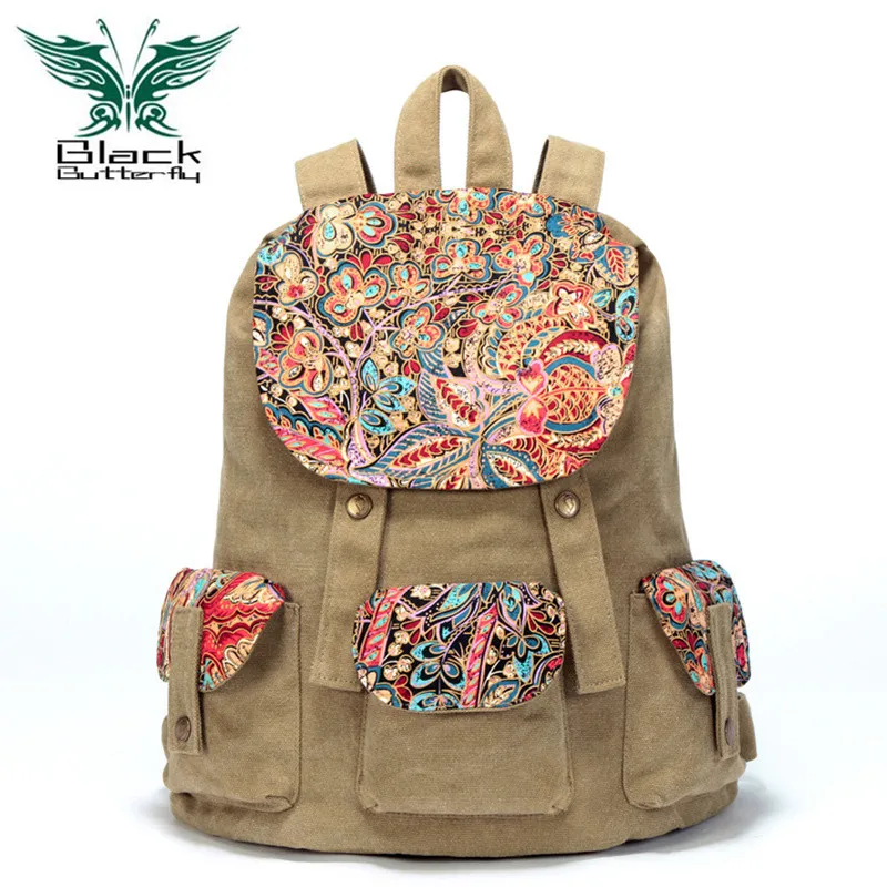 

Black Butterfly original design Large Capacity Women backpack Ethnic style Female Canvas shoulder bag travel bag
