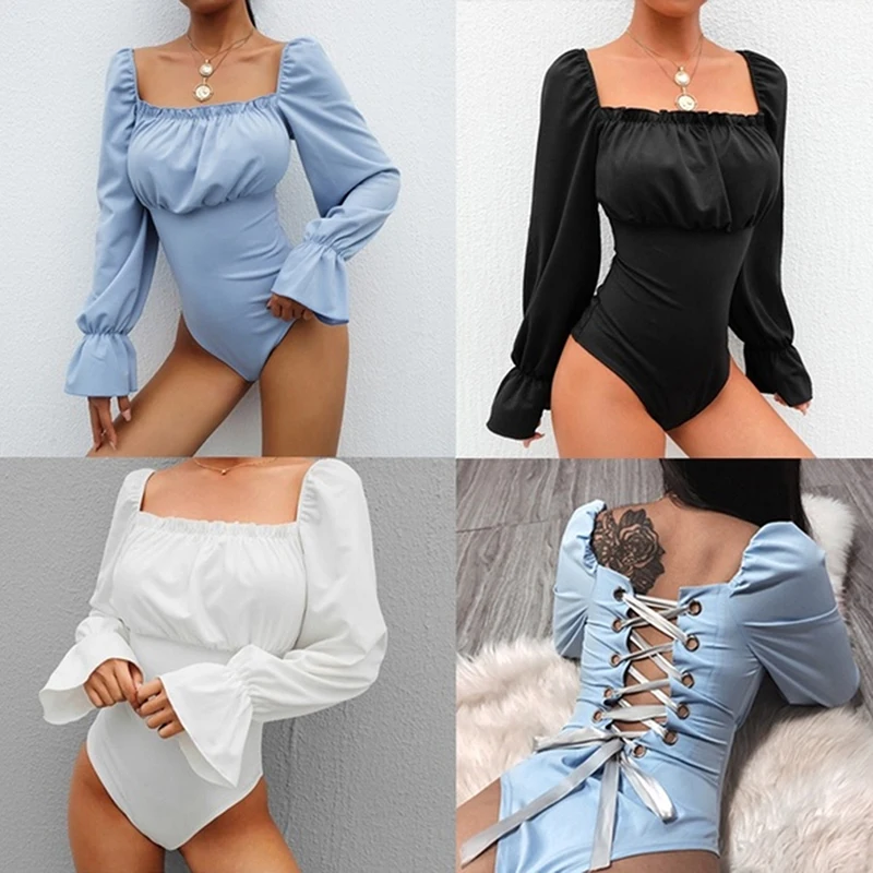 

Fashion Sexy Bodysuit Solid Color Long Sleeve Bandage Backless Palace Bodysuit Women Puff Sleeves Court Style Bodysuits