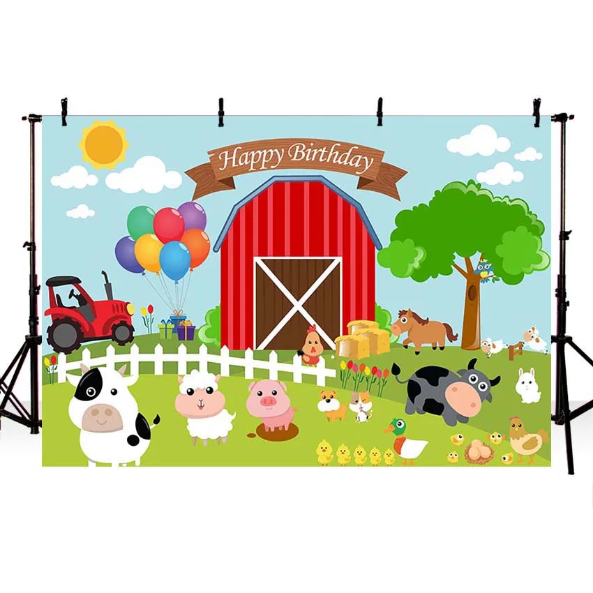 

Farm theme photography backdrop Red Barn Barnyard Tractor Balloons Animals Fence Garden Custom Photo Studio Background Banner