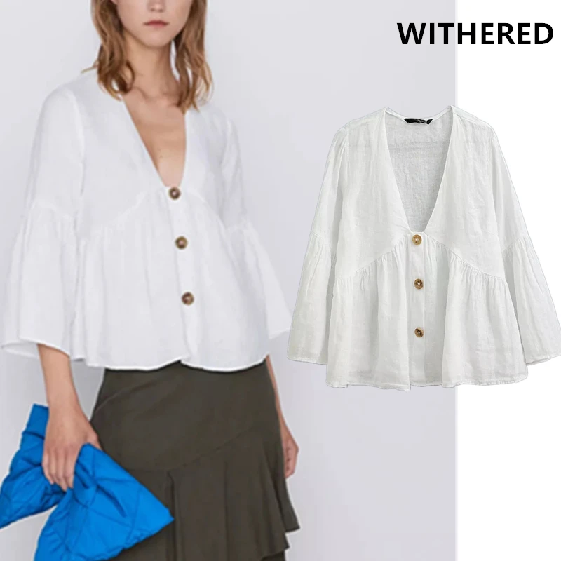 

Withered england simple solid single breasted v-neck linen blusas mujer de moda 2019 kimono blouse women womens tops and blouses
