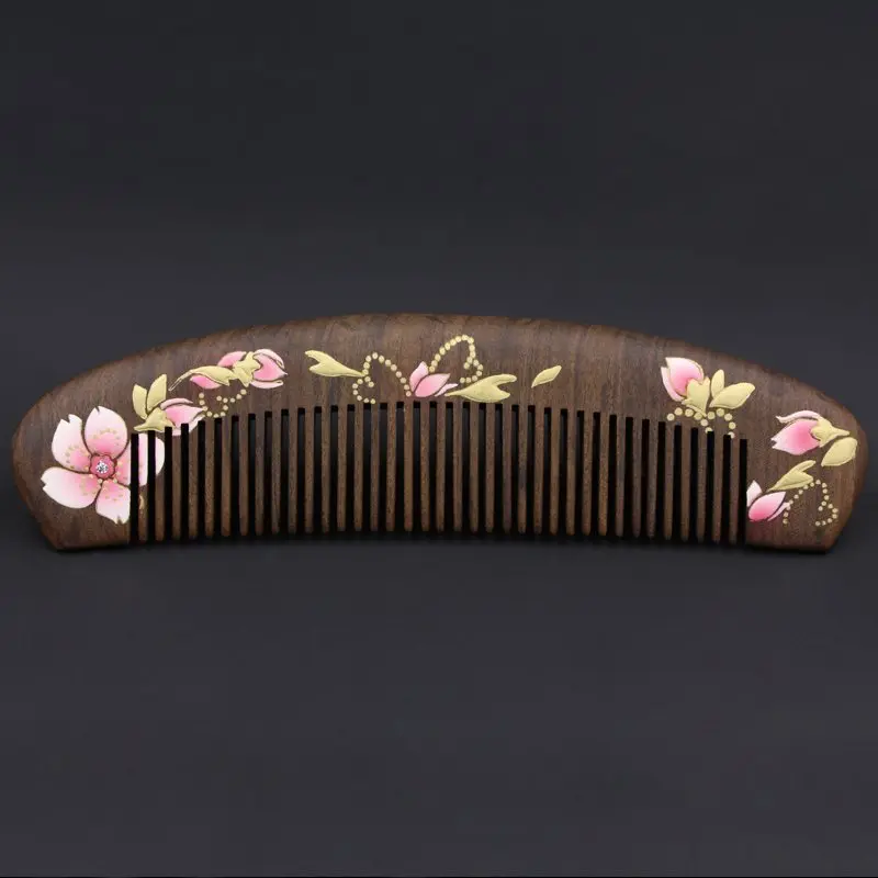 Natural anti-static wood comb massage wooden hand sketching flower Comb Hair Care brush comb hairbrush gift for female adult vintage round wood waist belt summer colorful female belt woven belt without needle buckle all match wide belts for women hot