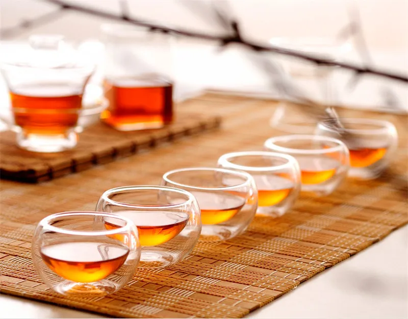 Hot sales! Handmade Tea Sets 6pcs Lot 50ml Heat Resistant Double Wall Small Glass Cup Chinese Kung Fu Tea Flower Tea Water Cup9