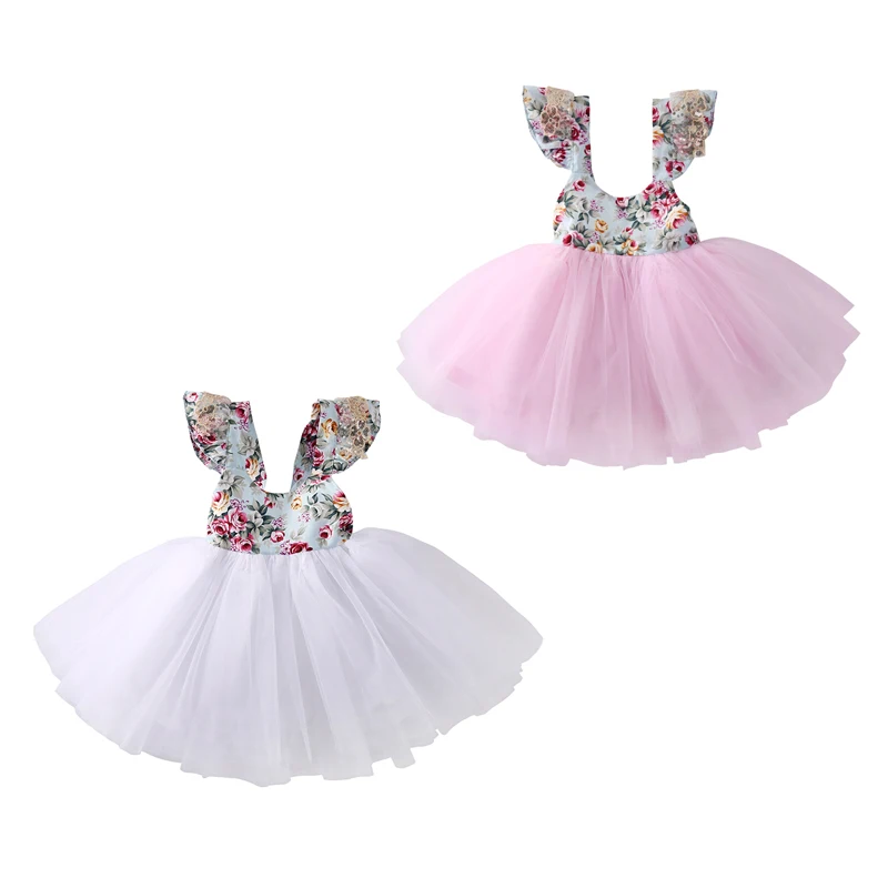 Fashion Cute 0-5Y Outfit Summer Party Newborn Infant Baby Girls O-Neck Floral Print Solid Lace Knee-Length Tutu Princess Dress | Детская