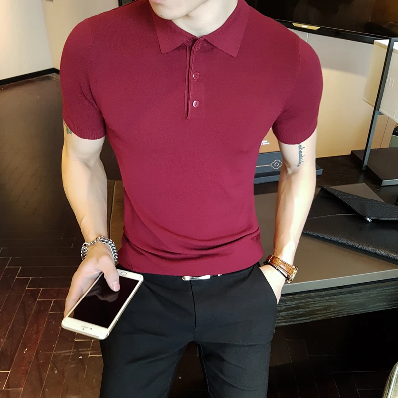 

Men's Polo Shirt High Quality Summer 2019 Slim Fit Knitted Polo Shirt Men Short Sleeve Turn Down Collar Polo Homme 7Colors