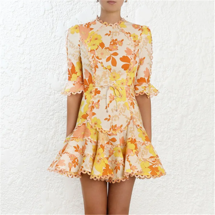 Floral Print Dress Tunic Lace Trim Women Casual Mini | Женская одежда