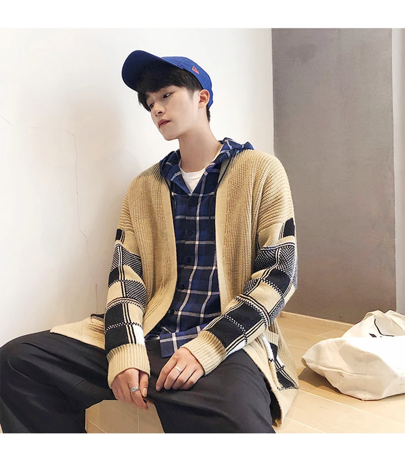 Korean Oversized Sweater Cardigan Men Plaid  (9)