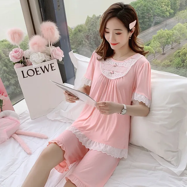 2019 Summer Short Sleeve Knee Length Pajamas Sets for Women V neck Cute Lace Sleepwear Pyjama