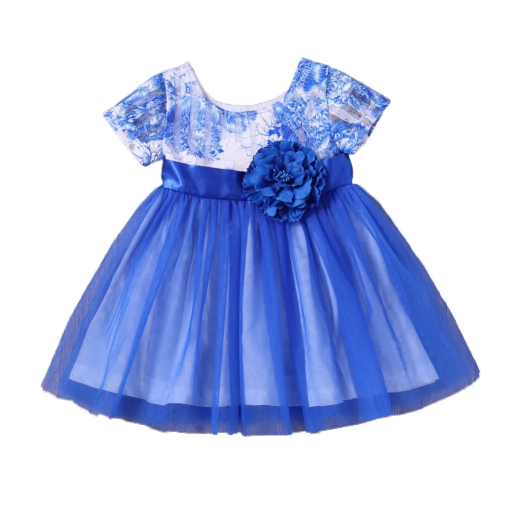 

Children Clothing Dress Blue 3D Flowers Printing Short Sleeve A Line Mesh Princess Dress Children's Dress