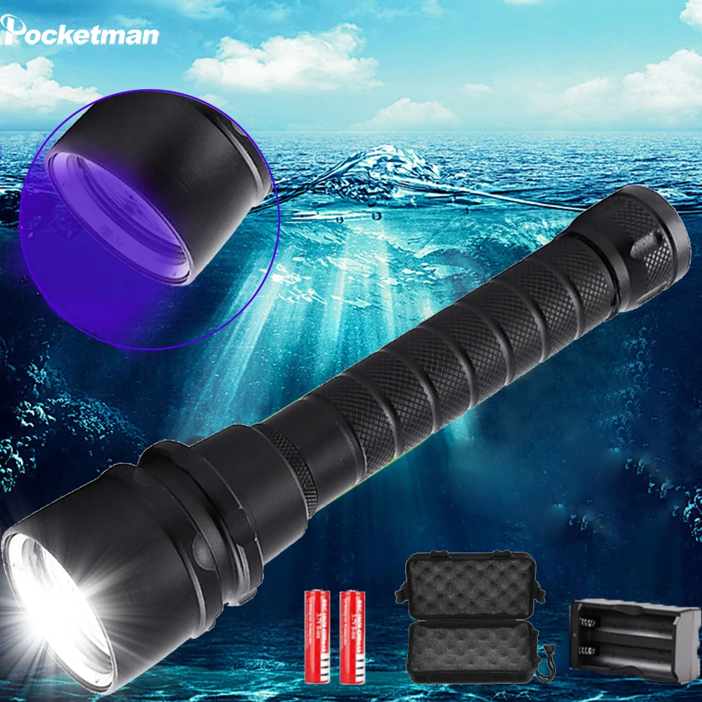 

40000LM Scuba Waterproof LED Diving Flashlight 5L2/ 5UV Flash Light Lantern Torch 200M Underwater Purple White Light Ultraviolet