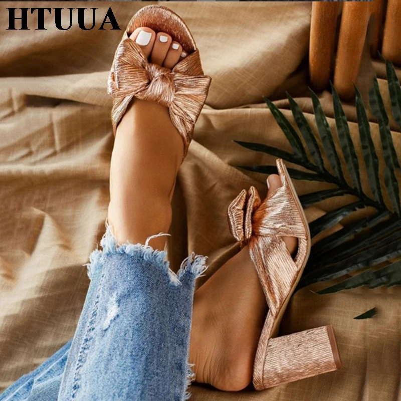 

HTUUA 2019 Fashion Bow Chunky Heel Slippers Women Bohemia Wedge Slides Ladies Summer Beach Shoes Woman Sandals High Heels SX2970