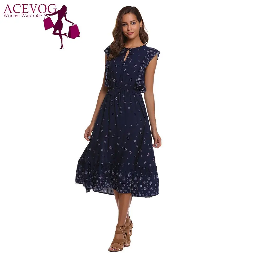 

ACEVOG Sleeveless Casual Ruffle V-Neck Women Midi A-Line Dress