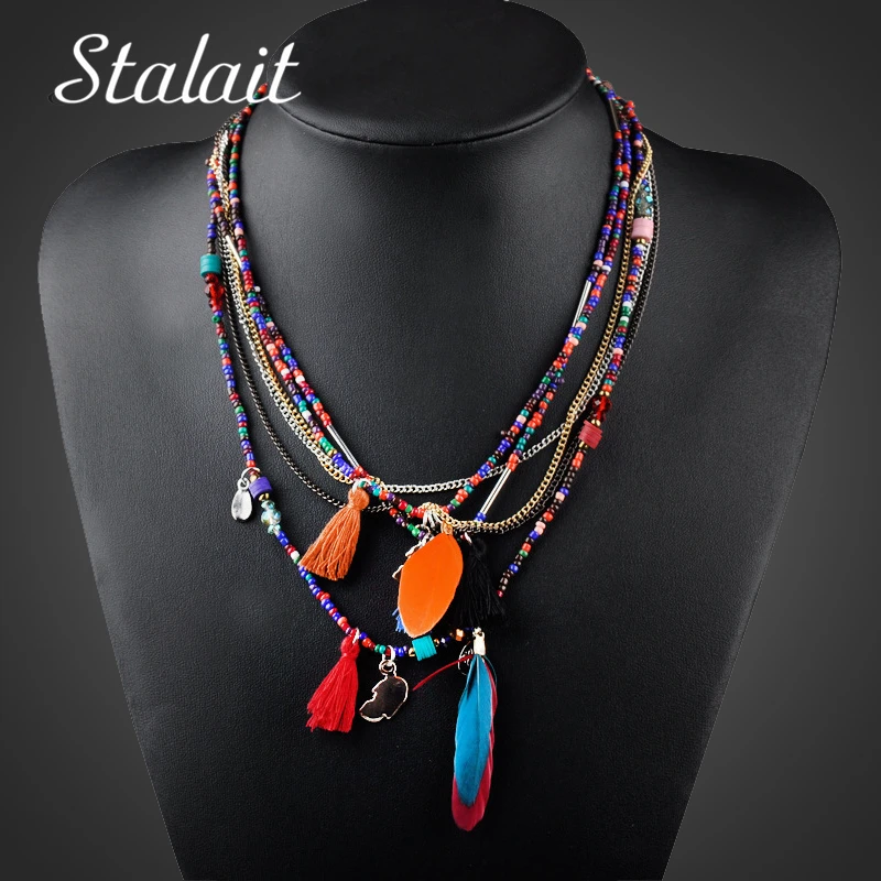 

Fashion Bohemian Jewelry Pendant For Women Multilayer African Beads Feather Maxi Collar Collier Ethnic Choker Necklace