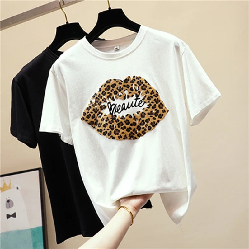 

2019 New Women ins short sleeve casual T-shirt Summer Fashion O-neck Leopard Lips letter Print Loose long Harajuku wild Shirt