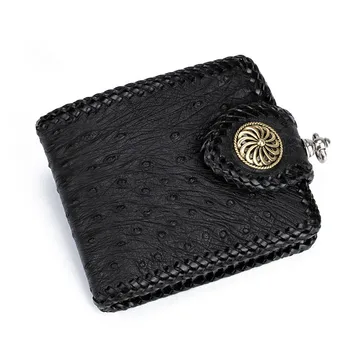 

Short Cow Leather Ostrich Hand-made Knitting Wallets Purses Women Men Clutch Vegetable Tanned Leather Wallet Card Holder