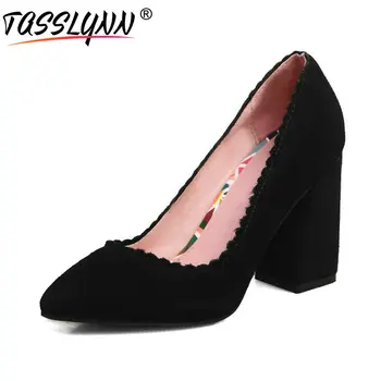 

TASSLYNN 2019 Women Pumps Causal Cow Suede PU Spring Autumn PU Women's Shoes Pointed Toe Square High Heels Shoes Size 34-43