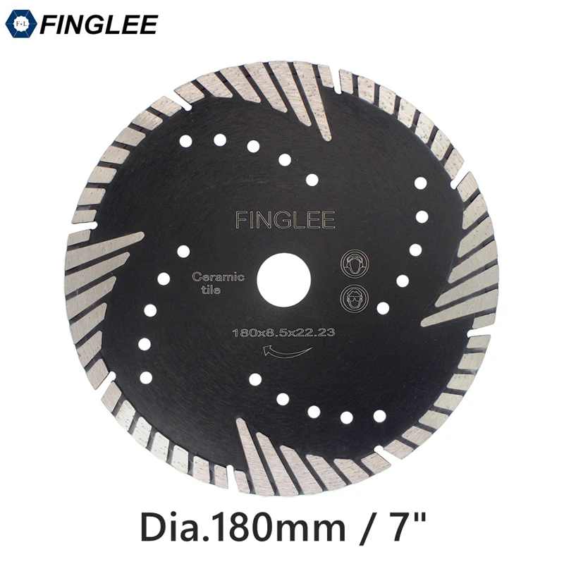

1Pc FINGLEE 180mm/7inch Diamond Cutting Saw Blade,Turbo Teeth Slant Protection Cutting Disc for Concrete, Marble Granite Stone