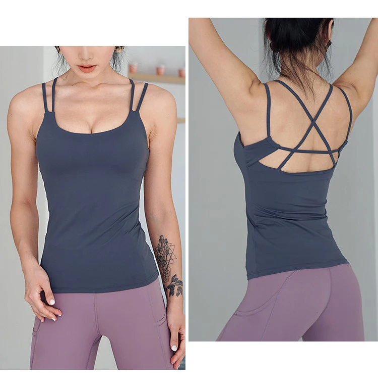 Women Sweatproof Back Cross Sport Fitness Tank Tops High Quality Nylon Workout Yoga Vest Tops with Removable Pads 4.8