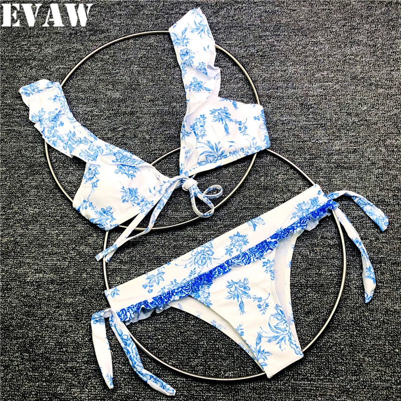 

EVAW 2019 Blue Bathing Suit for women Floral Printed Bikini Set Sexy Flouncing Swimwear Biquini Retro Bandage Swimsuits