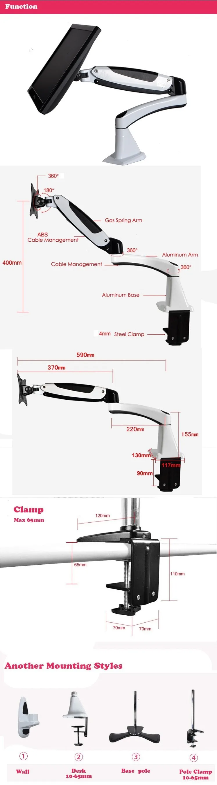 Эргономичная газовая пружина 360 градусов настольный зажим 1"-27" монитор держатель Кронштейн ЖК-светодиодный Кронштейн для телевизора загрузка 0-8 кг