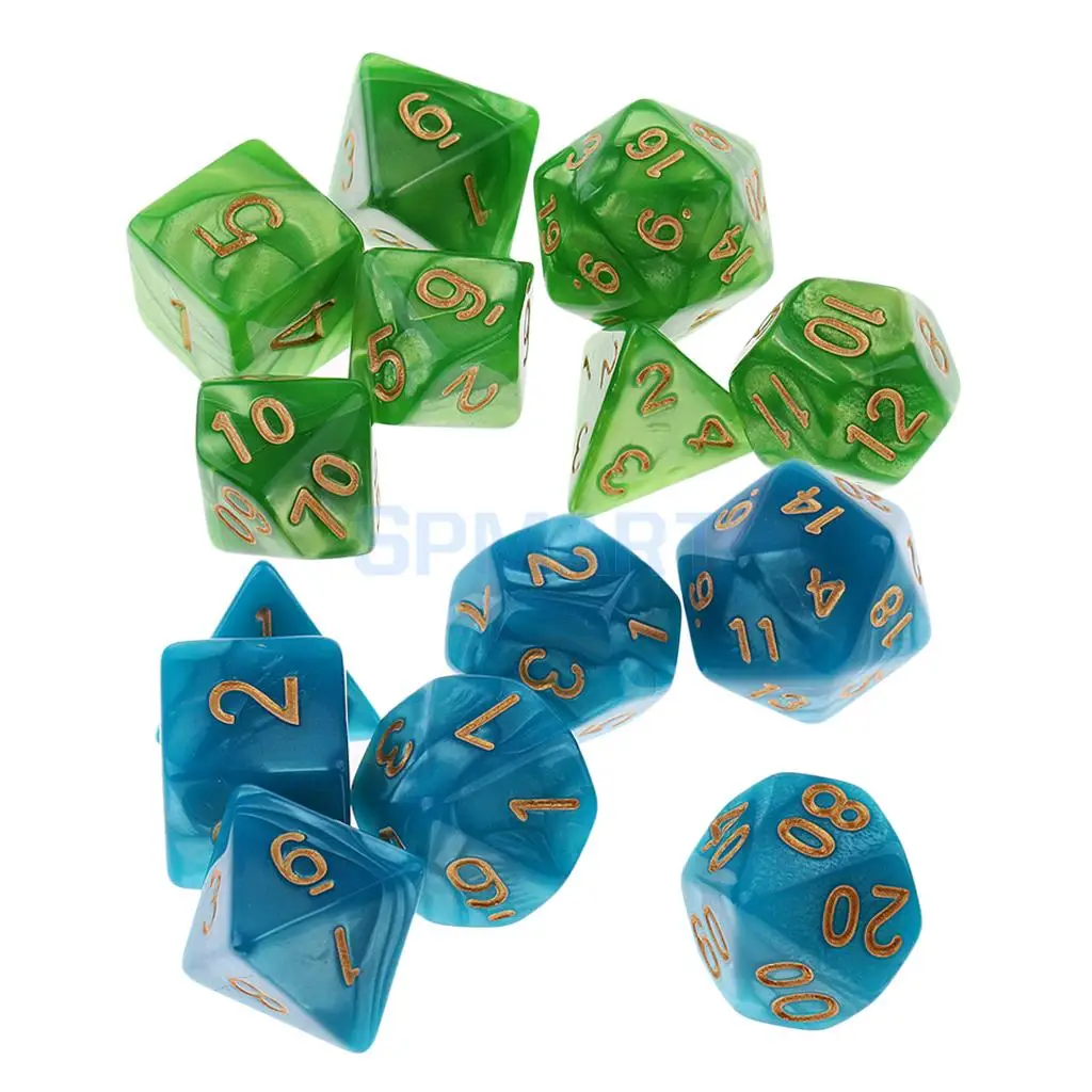 14 pieces Polyhedral Dice D20 D12 D10 D8 D6 D4 16mm for Dungeons and Dragons DND Dice MTG RPG Blue Green
