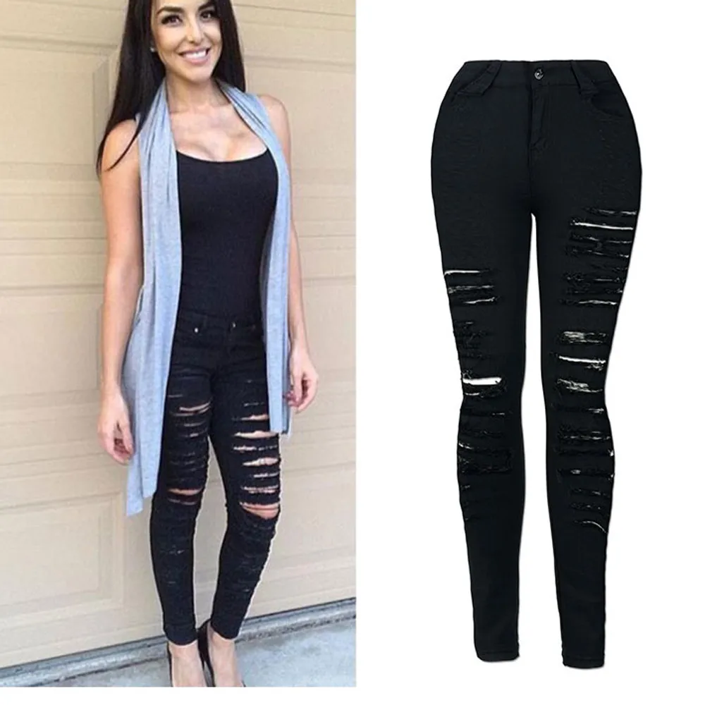 2018 осенние черные рваные узкие джинсы женские джеггинсы крутые джинсовые брюки с высокой талией Капри женские узкие черные повседневные