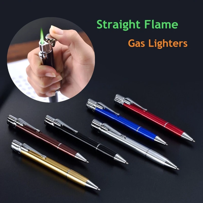 Честная Шариковая ручка Форма ветрозащитные газовые зажигалки регулируемые зеленые прямые Пламенные газовые струйные зажигалка с горелкой гаджеты для мужчин
