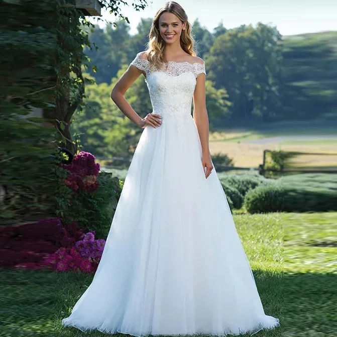 

Princess Boho Wedding Dress Off The Shoulder Boat Neck A Line Tulle White/Ivory Appliques Vestido De Noiva Train Bridal Gown