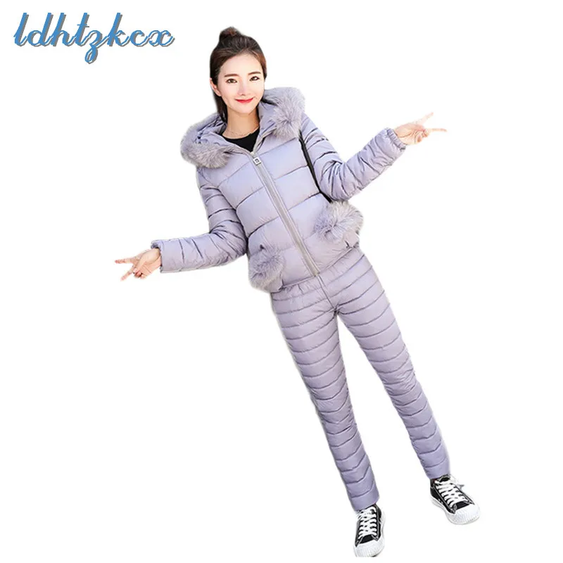 

LDHTZKCX Solid Color Large Size Ladies Sets 2018 Winter New Warmth Slim Feathers Cotton Coat and Pants Two-piece Chic Sets LD473