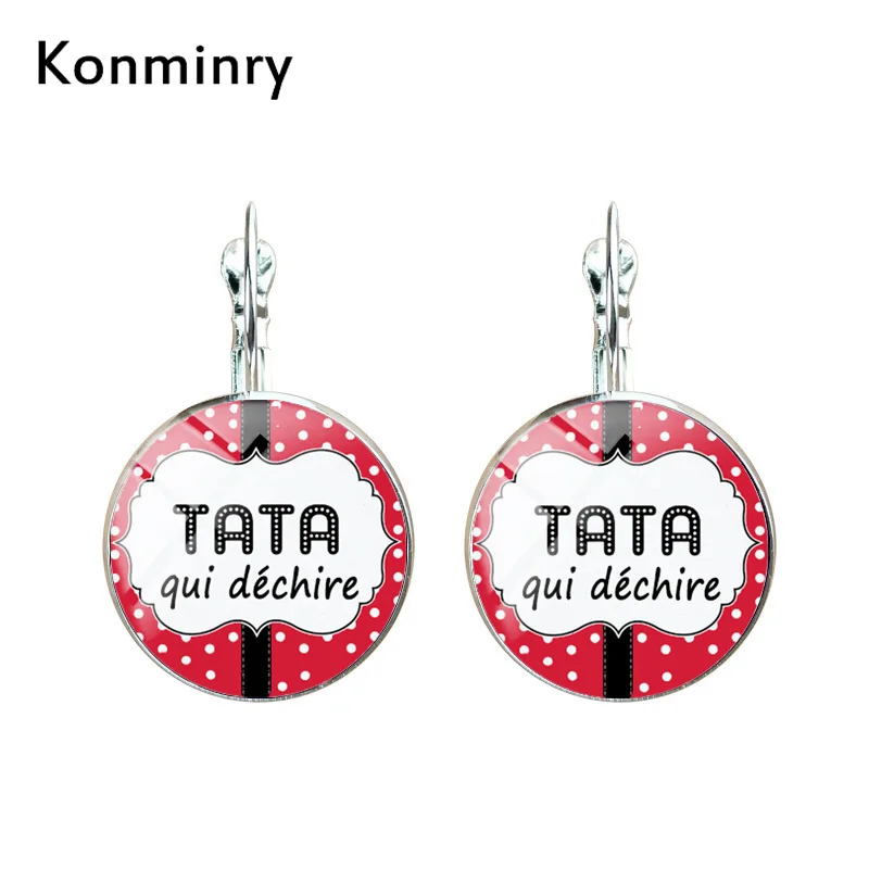 

Konminry Fashion Tata Qui Dechire Cabochon Earrings Bow-Knot Colors Super Maman Grandma Silver Bronze Gifts Earrings