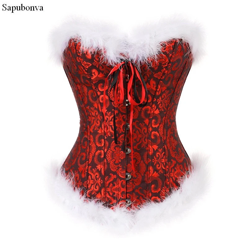 Sapubonva Christmas Corsets Miss Santa Bustier Top Red and Black