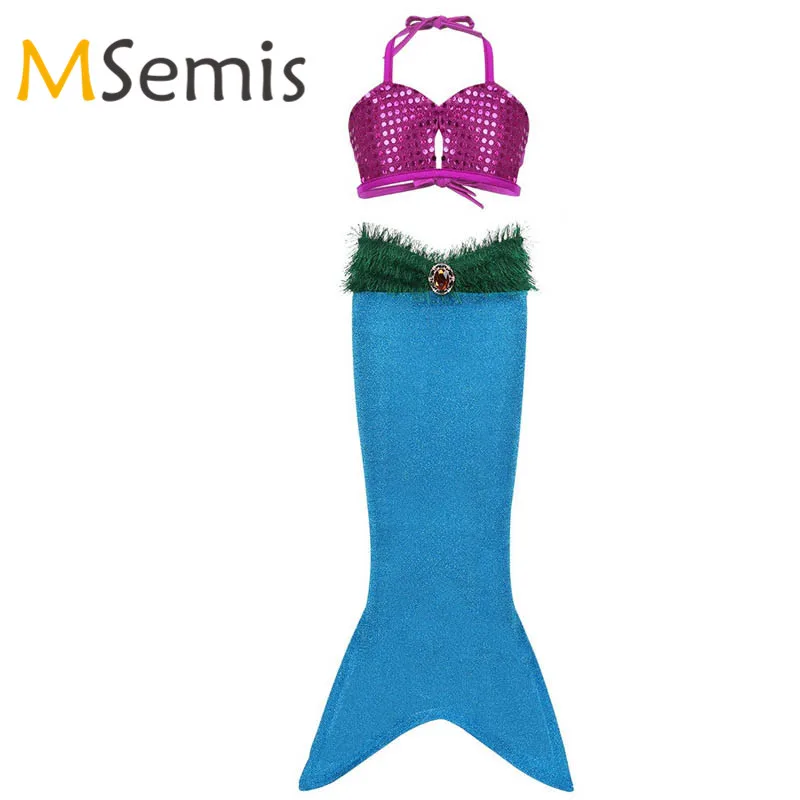 2PCS Kids Girls Mermaid Swimsuit Tops with Tail Bikini Swimwear Girl Bathing Suit Princess Costume Shiny Halter Bra | Спорт и