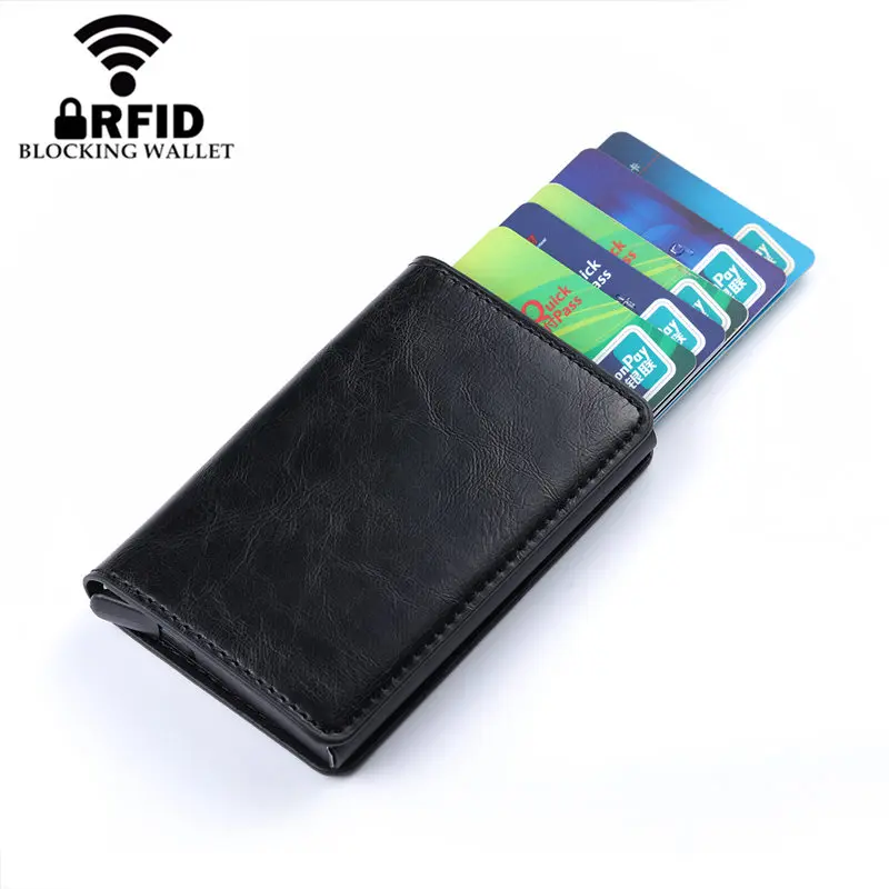 BISO غورو 2019 الأعمال الائتمان حامل بطاقة الرجال والنساء المعادن RFID خمر صندوق من الألومنيوم مجنون الحصان بو الجلود بطاقة المحفظة