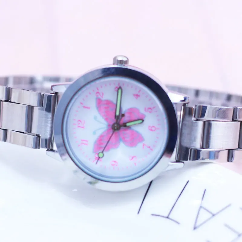 2018 мода мультфильм бабочка часы для девочек Сталь ремни кварцевые наручные часы Симпатичные часы