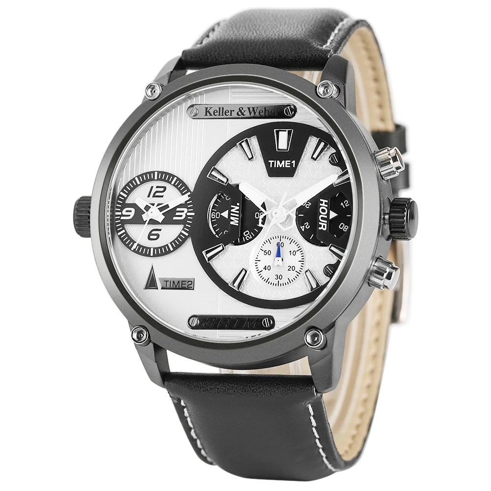 Keller & Weber Business Men's Watches Dual Time Zone Quartz Wrist Watch Genuine Leather Band Male Wirst Clock  (2)