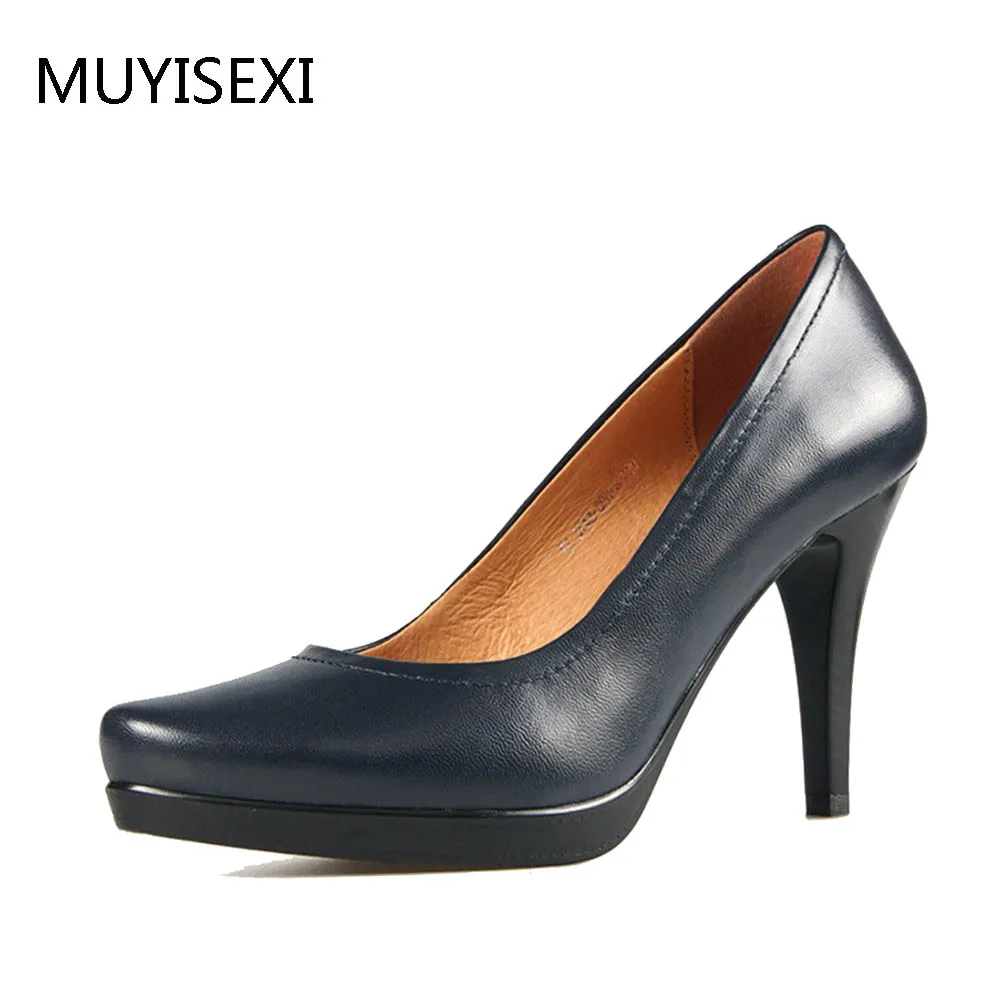 

Pumps women shoes high heel genuine leather high platform office ladies women's shoes blue black Russia size LID037 MUYISEXI