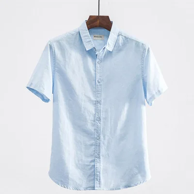 Мужские летние модные брендовые в японском стиле Простые однотонные хлопковые льняное с короткими рукавами рубашки мужские повседневные тонкие рубашки 4XL 100 кг Ткань - Цвет: light blue