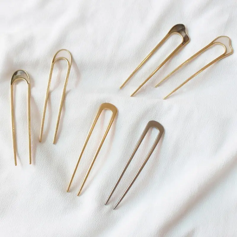 Women Girls Japanese Style Metal Alloy U-Shape Hair Clip Vintage Metallic Hairpin Chignon Stick Hairstyle Curved Updo Hair Fork