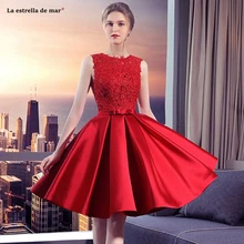 Vestido invitada corto2019 Новое Кружевное атласное платье с лямкой на шее, алиновое красное свадебное платье, недорогое свадебное платье, vestito damigella custom bruidsmeisjes jurk