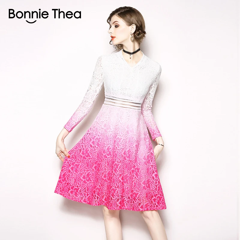 Bonnie Thea винтажное осеннее женское голубое кружевное платье vestido однотонное