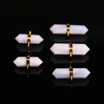 

5Pcs,Natural Blue Chalcedony Double Point Pendants,Purple Lace Agates Hexagon Point Gold Edges Connectors Charm,Jewelry Making